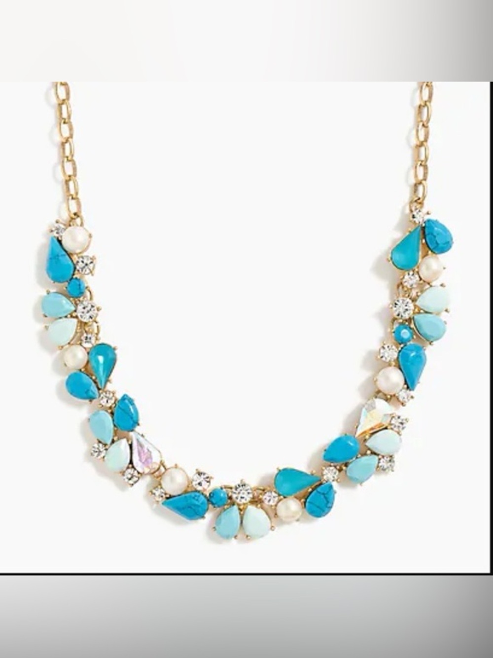J. Crew gold tone turquoise blue aqua statement rhinestone necklace chain